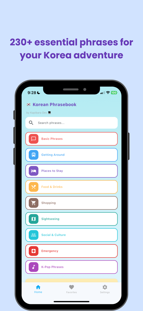 Korean Phrasebook for Travel - 韓国語フレーズ集アプリが表示されたスマートフォンの画面。移動、飲食、K-POPフレーズなどのフレーズカテゴリがあります。