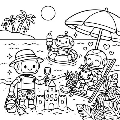 Join these delightful service robots as they embrace the joys of a perfect summer vacation on the beach. This charming coloring page features everything from sandcastle building to relaxing under a beach umbrella.