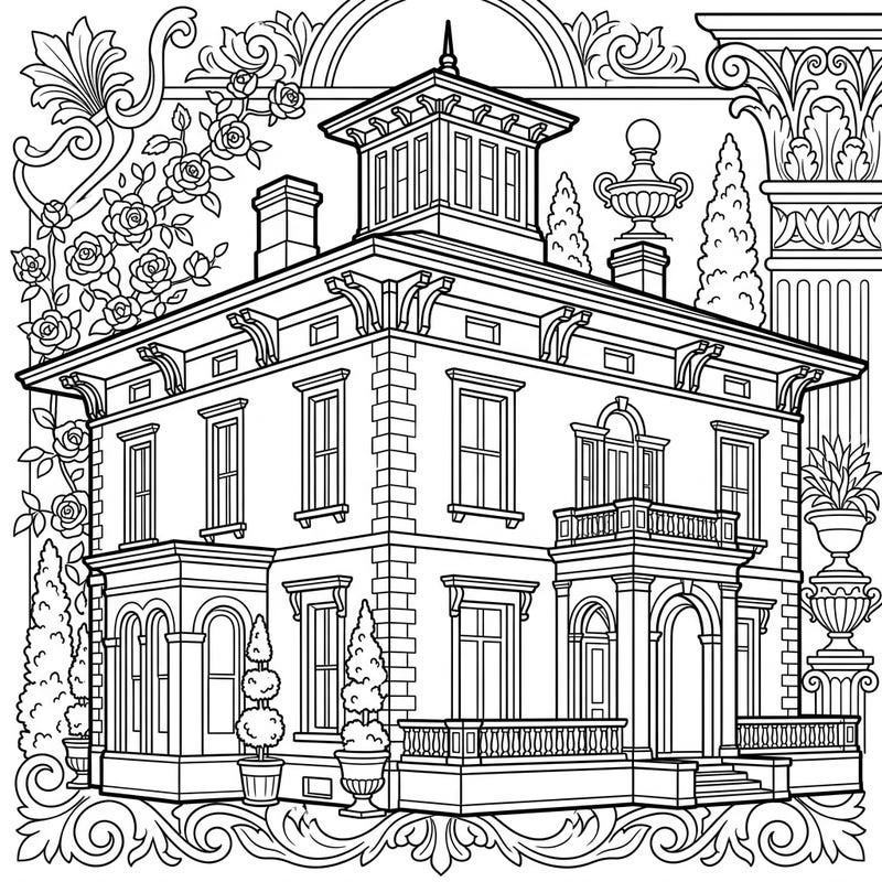 Immerse yourself in the grandeur of 19th-century architecture with this stunning Italianate mansion coloring page. Featuring elaborate details and a majestic design, it offers a truly sophisticated coloring experience.