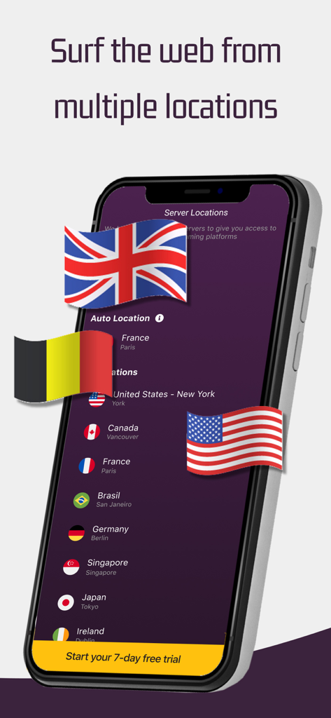 PantherVPN – Fast Secure VPN - Capture d'écran de l'application PantherVPN montrant divers emplacements de serveurs internationaux et drapeaux de pays