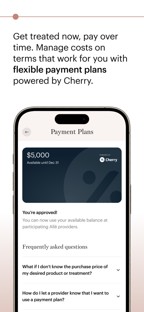 Allē - Alle app screen displaying flexible payment plans for aesthetic treatments powered by Cherry