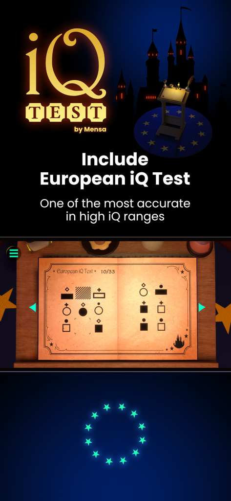 Interface do aplicativo Teste de QI mostrando quebra-cabeças de lógica europeus e a marca Mensa