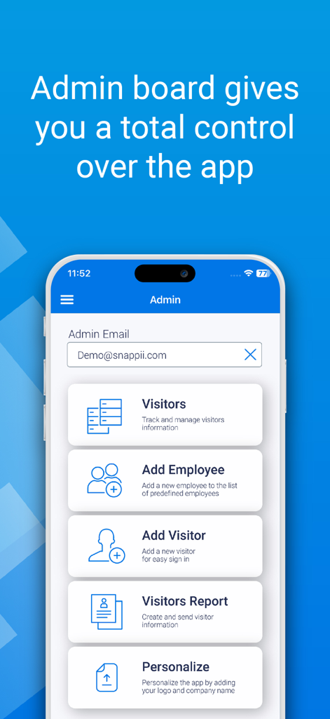 Admin board of the Sign In Guest Book app showing visitor management and report options