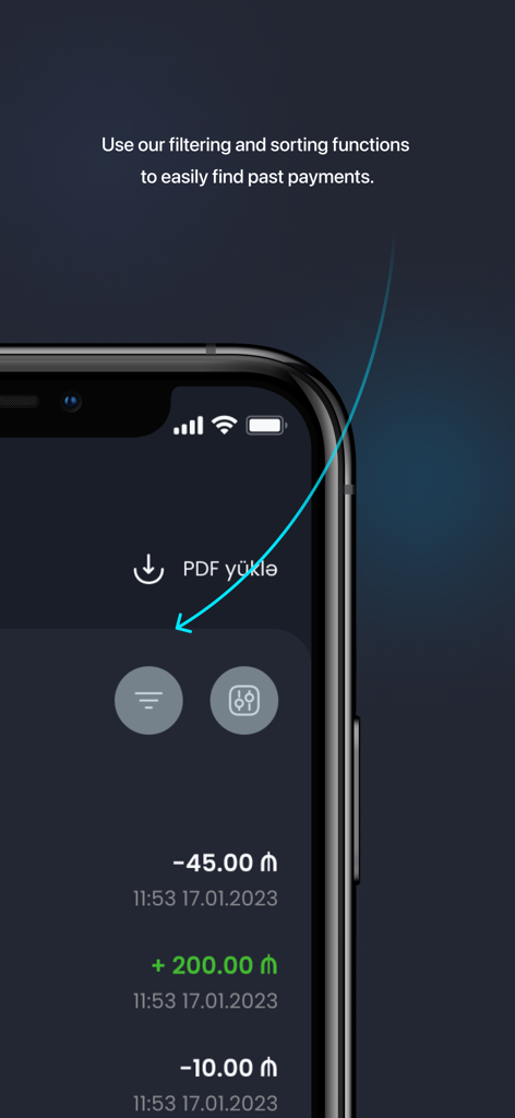 Schermata della cronologia delle transazioni dell'app MPAY che evidenzia gli strumenti di filtro e ordinamento per trovare facilmente i pagamenti passati
