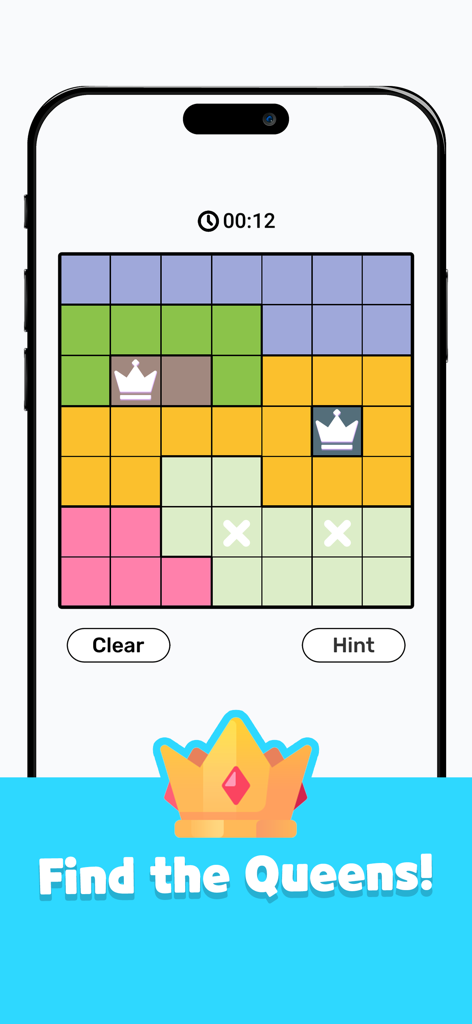 Interface do aplicativo móvel Queens Royal mostrando um quebra-cabeça de lógica baseado em tabuleiro colorido com ícones de coroa brancos.