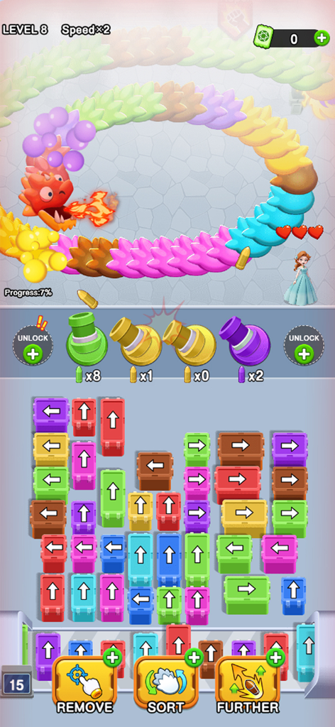 Mobile gameplay of Girl Rescue Dragon Out showing colored cannons firing at a dragon to save a princess.