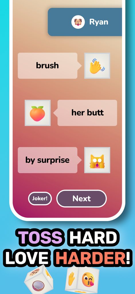 9 Games for Couples or Dates - Pantalla del juego de dados de la app Pulse para parejas que muestra indicaciones de acción aleatorias
