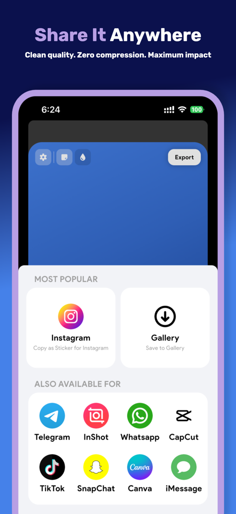 Interface showing options to export and share custom fonts to Instagram TikTok and other social media apps