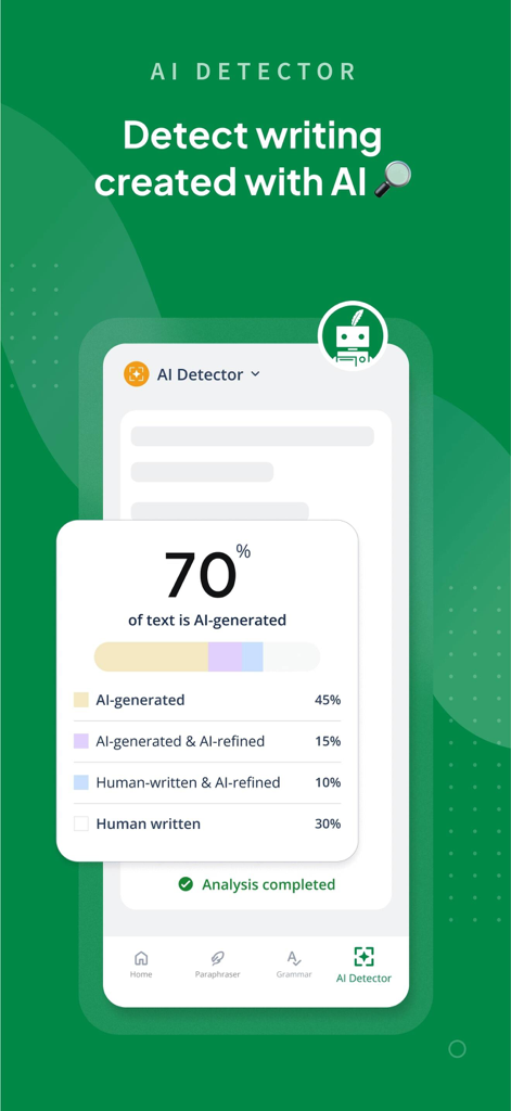 QuillBot: AI Writing, Keyboard - Interface of the QuillBot AI detector showing a detailed report indicating 70 percent of analyzed text is AI-generated.