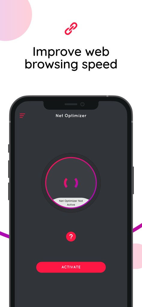 Net Optimizer app interface on iPhone with activate button to improve web browsing speed