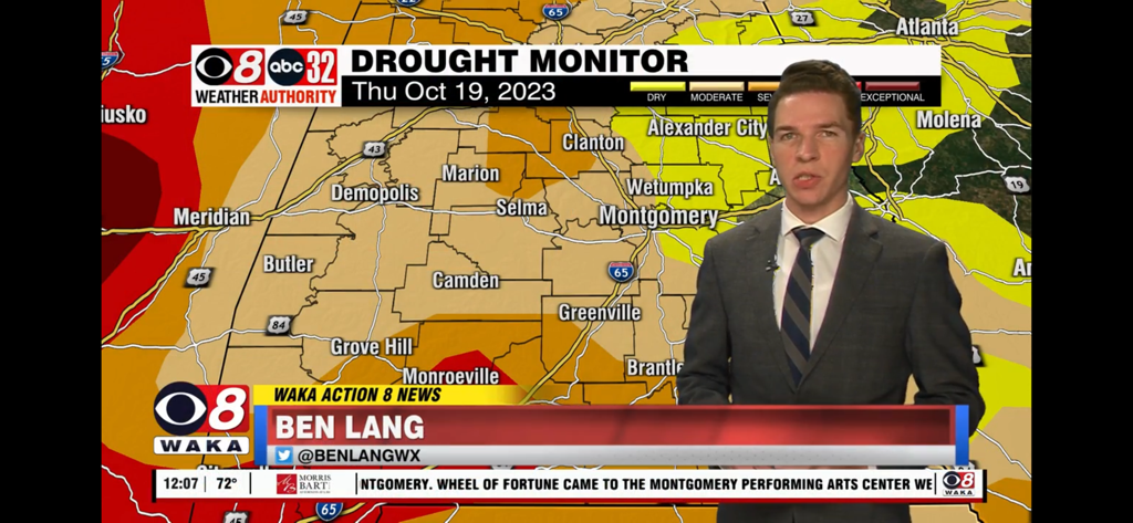 WAKA News - WAKA News weather report showing an Alabama drought monitor map with meteorologist Ben Lang