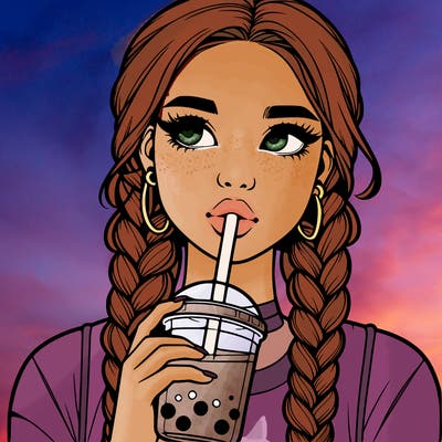 realistic girl with braided hair drinking boba