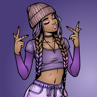 realistic teenage girl with braids and a beanie and crop top doing 🫶🏼