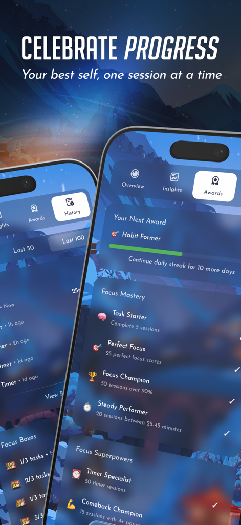 Bento Focus - Focus Timer - A screen from the Bento Focus app showing productivity awards and focus history with a calming aesthetic theme