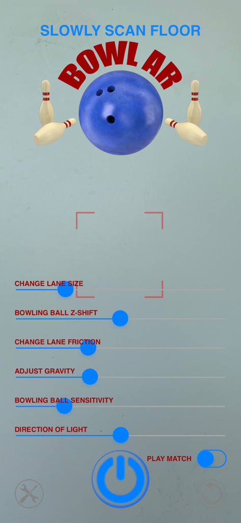 [AR] Bowling - Pantalla de configuración de la aplicación Bolos en RA con controles deslizantes de física y jugabilidad