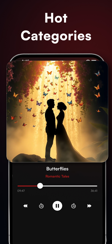 Erotic Audio Stories - Eroze - Una interfaz de aplicación móvil que muestra un reproductor de audio para una historia romántica titulada Mariposas con una ilustración de una pareja rodeada de mariposas.