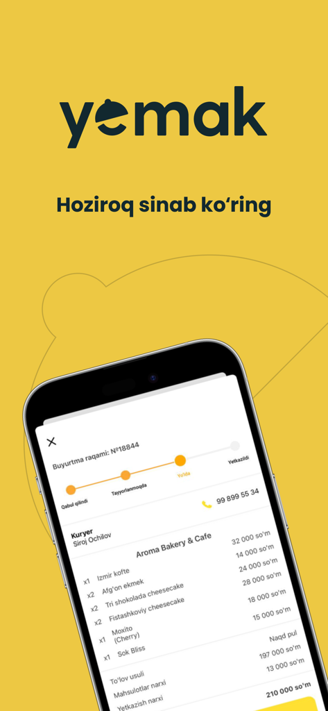 Yemak: Food delivery in Karshi - Yemak app order summary screen showing real-time delivery tracking and receipt details