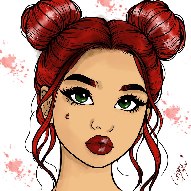realistic girl with two buns on her hair and lips