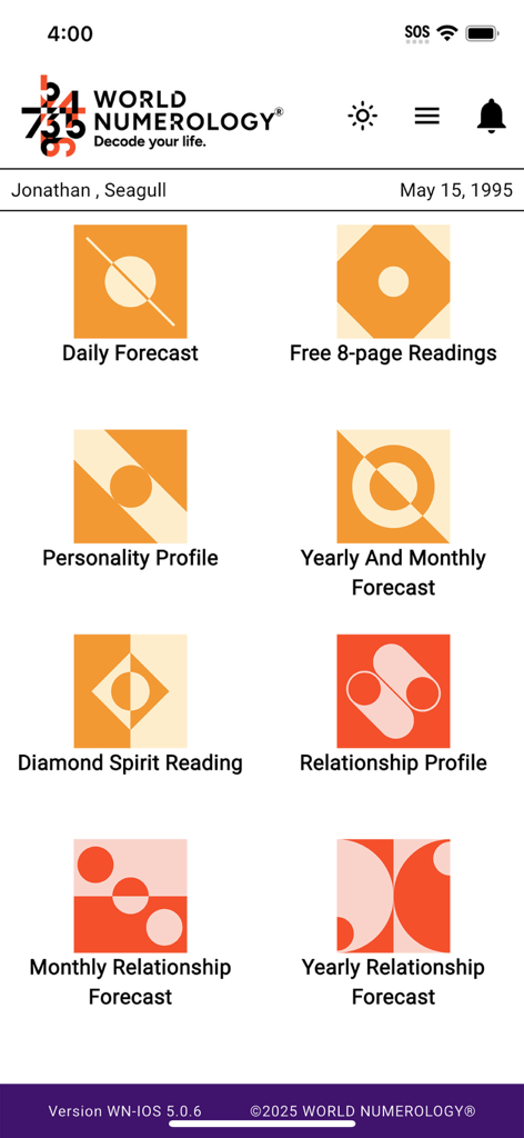 World Numerology Collection II - World Numerology app dashboard showing various reading icons like Daily Forecast, Personality Profile, and Relationship Profile.