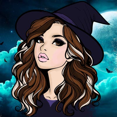realistic witch girl with wavy hair and lips