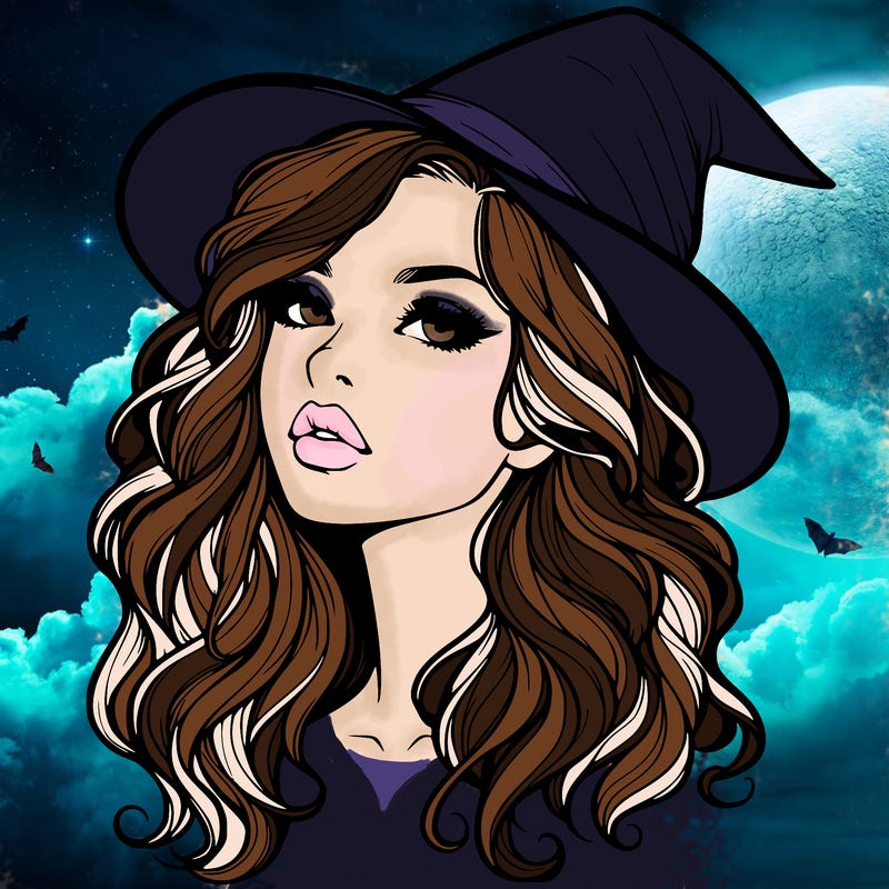realistic witch girl with wavy hair and lips