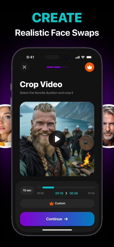 AI Face Swap by Swappx - Interfaz de la aplicación Swappx que muestra la herramienta de recorte de video para crear cambios de rostro con IA realistas.