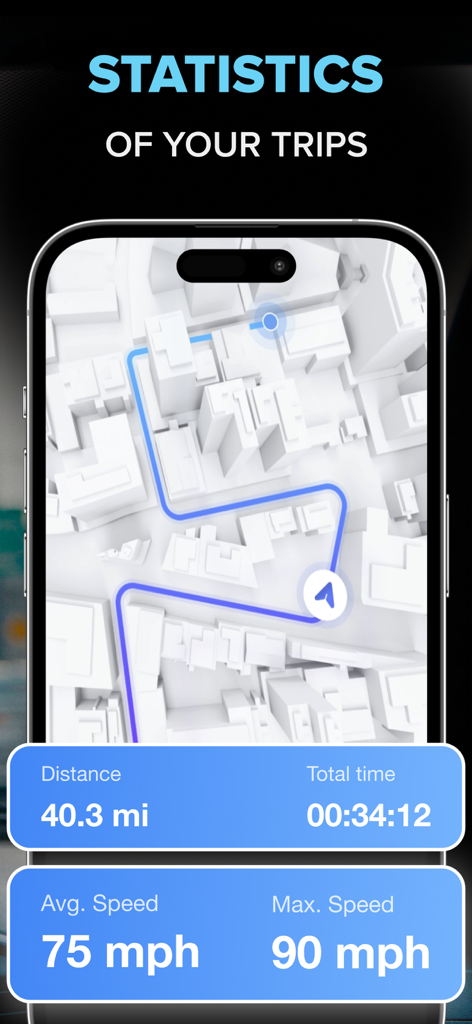 Speedometer GPS: Speed Tracker - Speedometer GPS app trip statistics screen with route map and speed data
