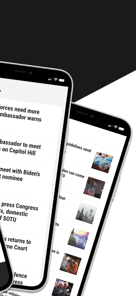 The Hill - Mobile Benutzeroberfläche der Hill-App, die einen Feed mit Schlagzeilen und Artikeln zu politischen Nachrichten anzeigt