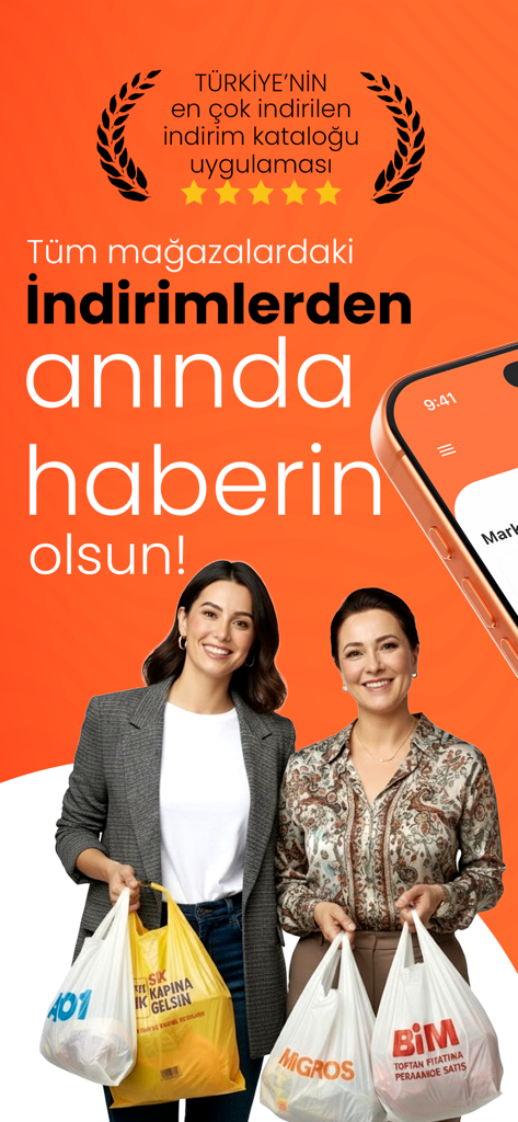 Aktüel Ürünler Market Katalog - Two women holding shopping bags from Turkish markets with a smartphone displaying a discount catalog app interface