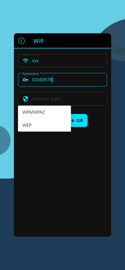 QR Verse - QR Code Generator - Interface of QR Verse app showing how to create a wifi network qr code by entering ssid and password