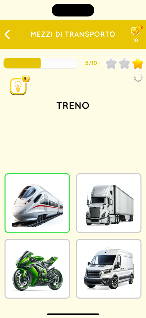 Learn Italian beginners - Italian language learning app interface showing a transportation quiz with images of a train truck motorcycle and van