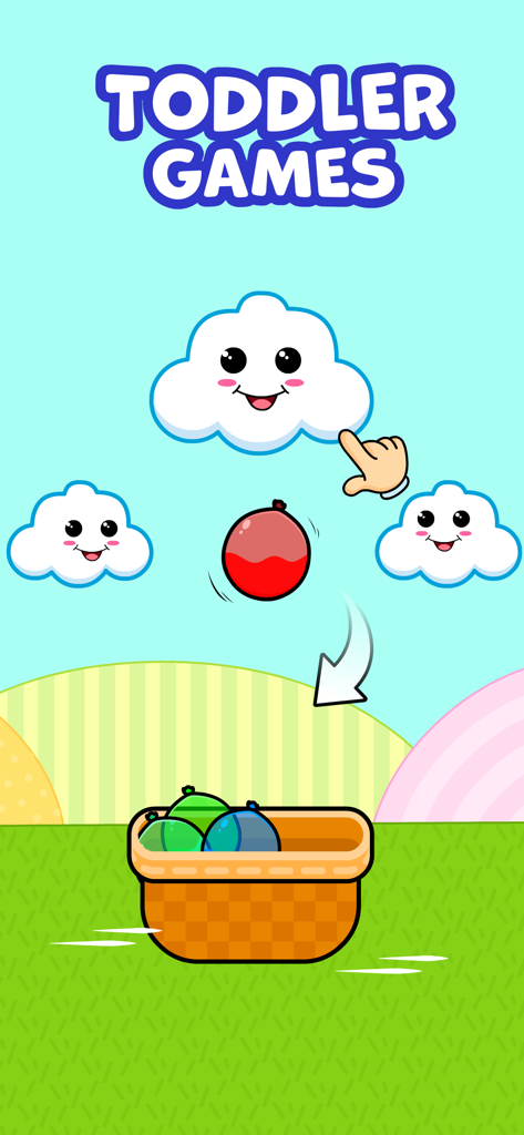 A screen from a toddler game showing a hand dropping a red balloon into a basket surrounded by smiling clouds