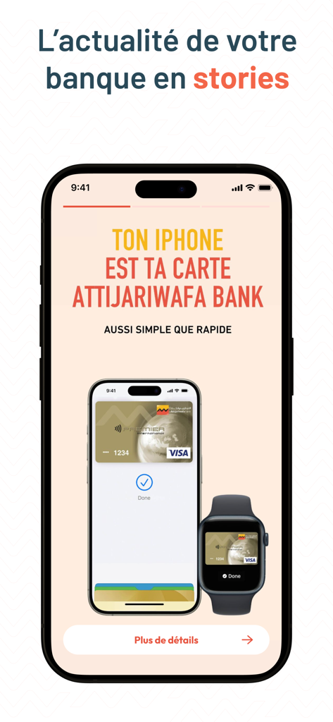Attijari Mobile - L'interface de l'application mobile Attijari affiche des articles d'actualité sur le paiement sans contact avec iPhone et Apple Watch.