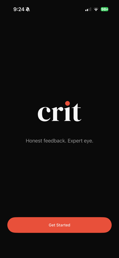 Crit: AI Design Advisor - Tela de boas-vindas do aplicativo Crit AI Design Advisor exibindo a frase de efeito Feedback honesto Olho de especialista
