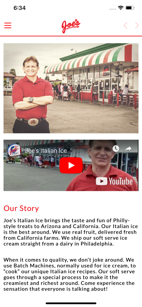 Joe's Ice - A screen from the Joe's Ice mobile app titled Our Story featuring a photo of the owner in front of the Anaheim shop and a description of their Philly style Italian ice.