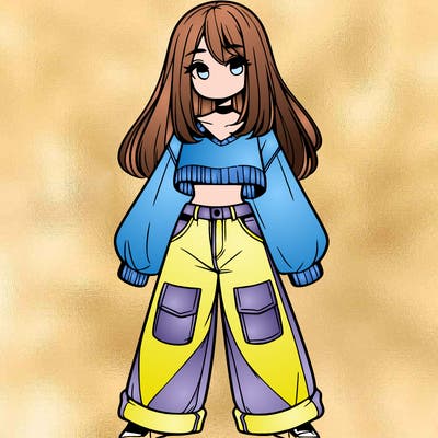 cute girl with straight hair in baggy jeans and a crop top and a sweater