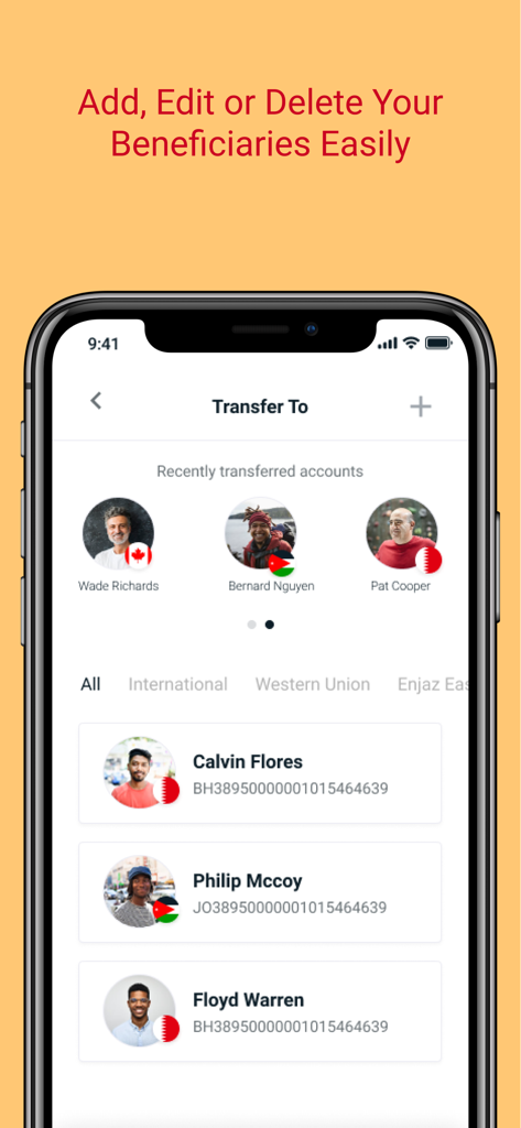 Enjaz App - Enjaz App screen for adding and managing international money transfer beneficiaries with profile photos and country flags.