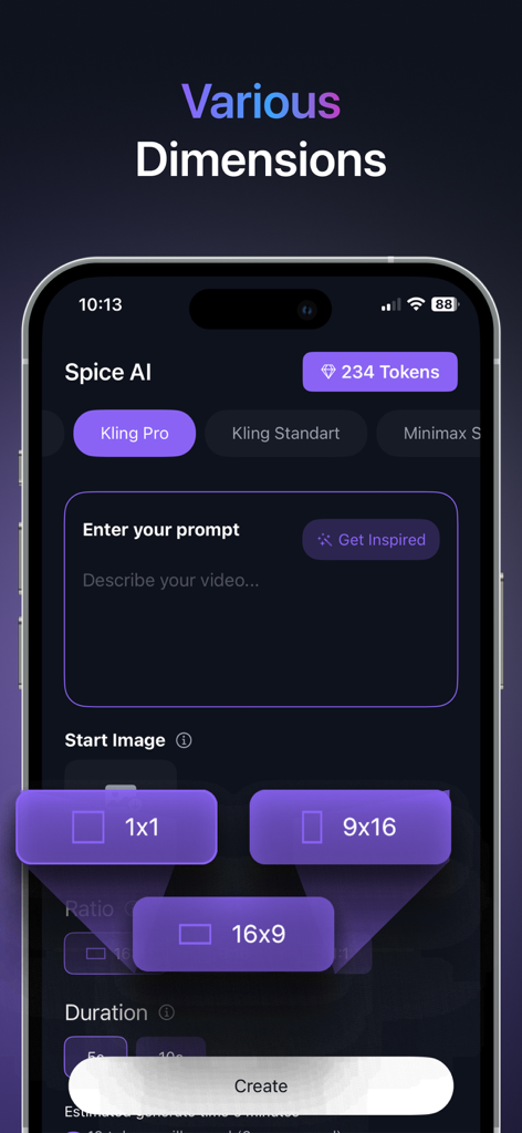 Spice: AI Video Maker & More - Interface of Spice AI Video Maker showing options to select video dimensions like 9:16 and 1:1 for social media content.