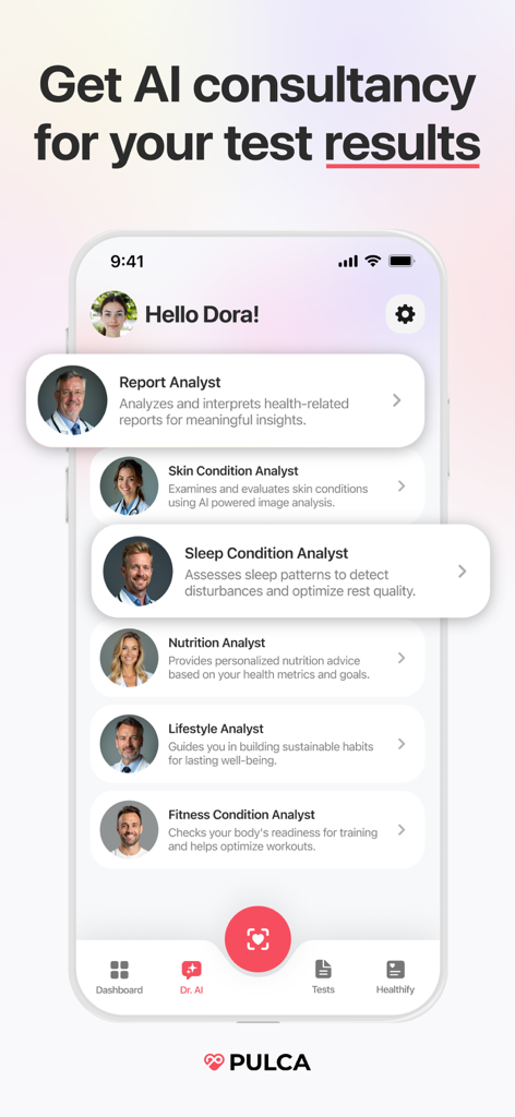 Heart Rate, HRV Tracker: Pulca - Screenshot of the Pulca app showing AI health analysts for skin sleep and nutrition