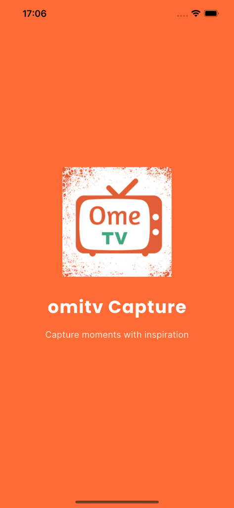 Tela de splash do aplicativo omitv memory pics com um logotipo de TV e slogan motivacional em um fundo laranja