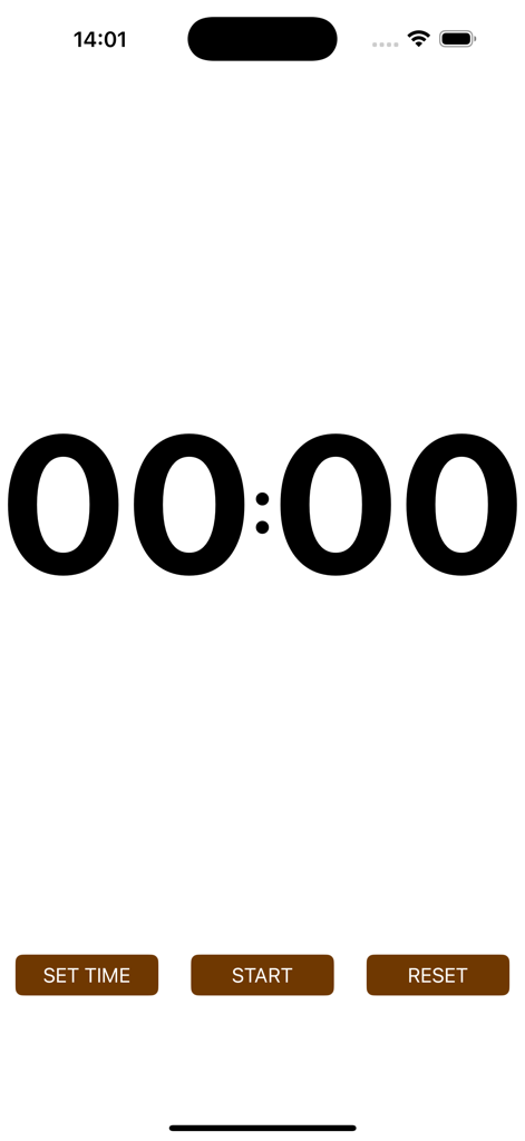 A simple mobile timer interface showing large digital numbers 00:00 with buttons for set time start and reset