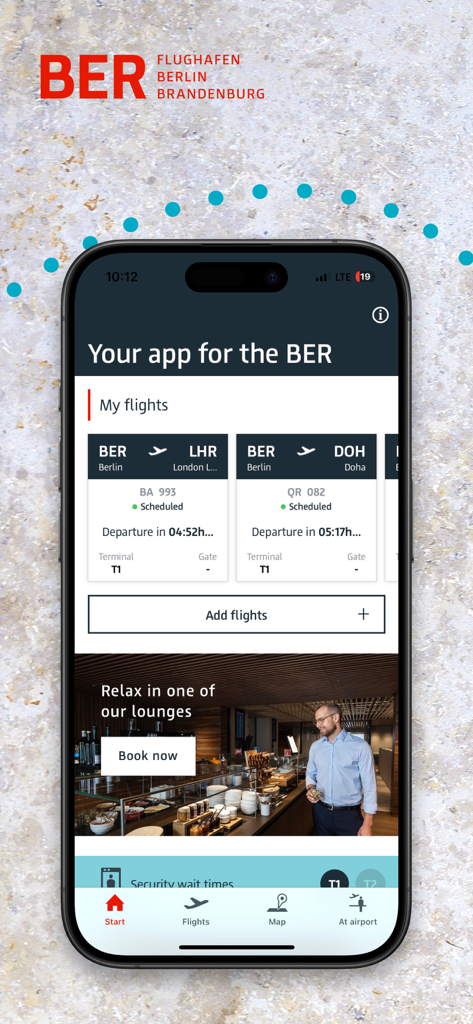 Startbildschirm der BER Airport Mobile App mit Flugplänen und Lounge-Buchungsoptionen