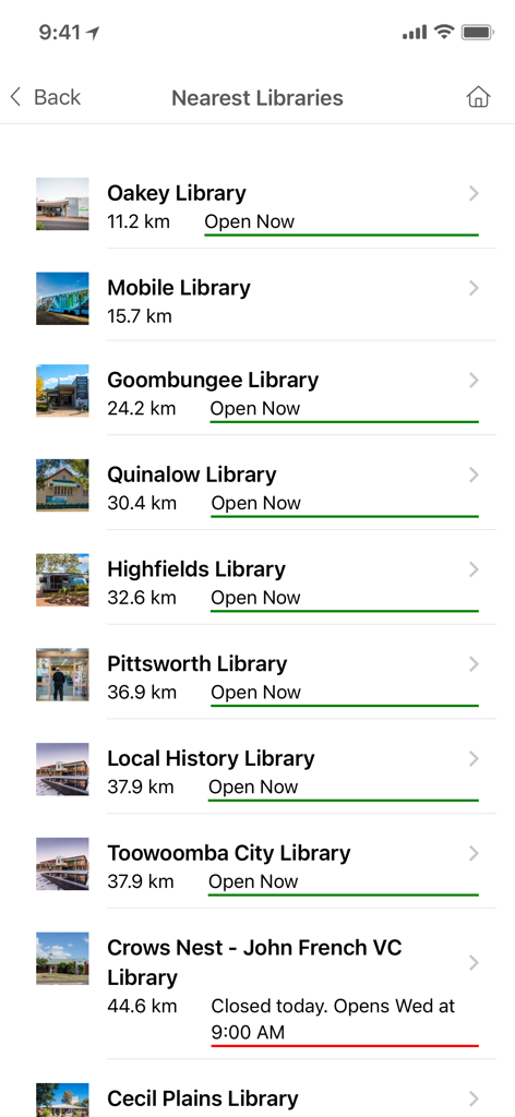 A mobile app screen showing a list of nearby Toowoomba Region library branches with their distances and current opening status.