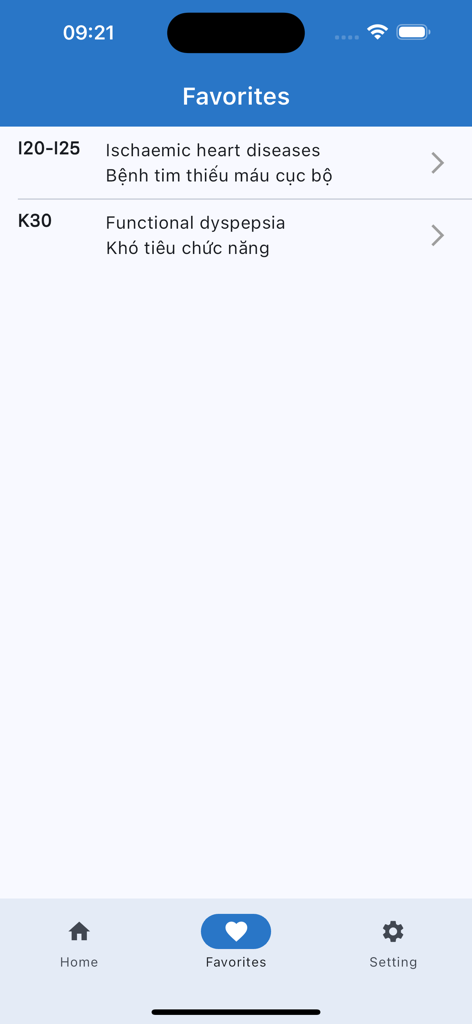 Favorites screen of the ICD-10 Dictionary app showing a list of saved medical codes
