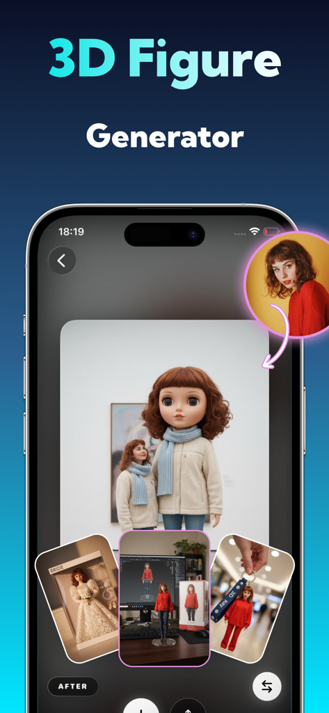 AI Photo Editor: Pixartia - Interface do aplicativo Pixartia mostrando a foto de uma mulher transformada em várias figuras de bonecas 3D e chaveiros