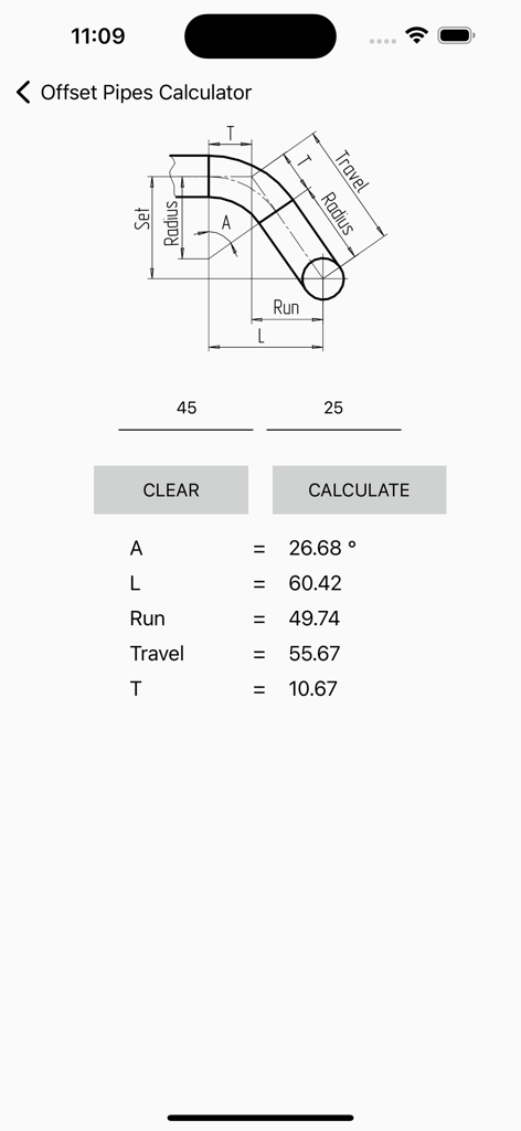 Pipe Offset Calculator Pro - Interface of the Pipe Offset Calculator Pro app showing a technical pipe diagram and calculated offset measurements.