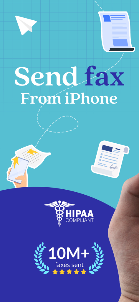 Fax from iPhone: Send Fax Easy - FaxSwiftのプロモーショングラフィック。HIPAA準拠バッジと1000万件送信済みマイルストーンと共に、iPhoneからファックスを送信する方法を示しています。