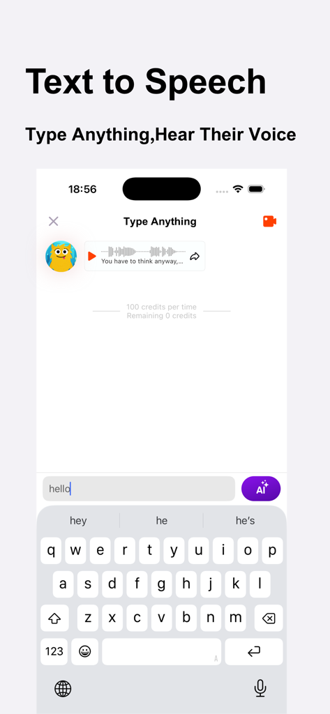 Voice Tik: AI Voice Changer - Voice Tik app interface showing the AI text to speech feature where users can type text to hear it in different voices.