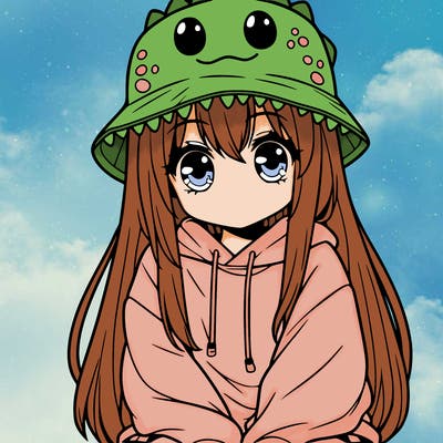 girl with anime shaped eyes with a dinosaur bucket hat oversized sweatshirt long straight hair