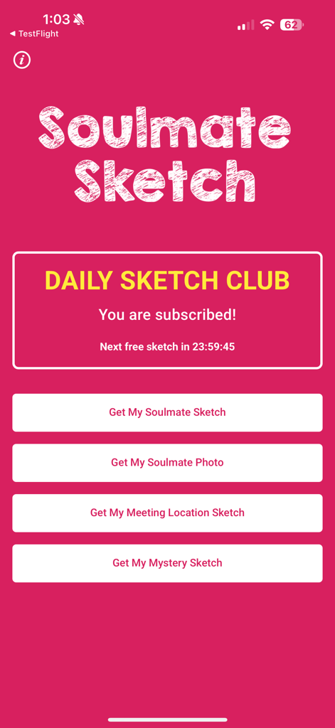 Soulmate Sketch - Panel principal de la aplicación Boceto de Alma Gemela que muestra el estado de la suscripción al club de bocetos diario y botones para bocetos de almas gemelas, fotos y lugares de encuentro.